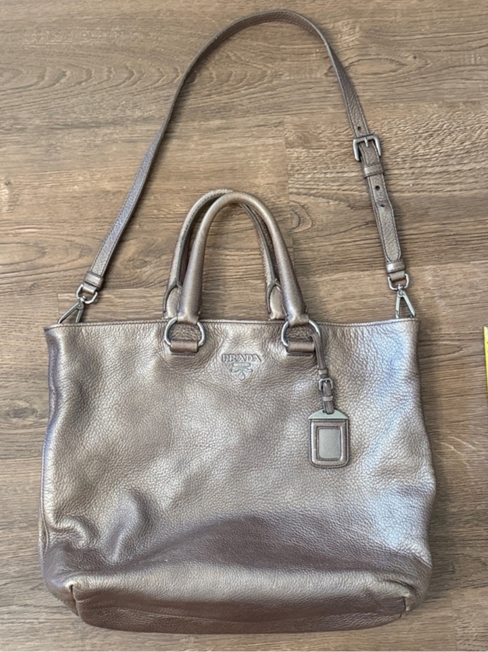 Prada Metallic Bronze Pebbled Leather Tote with Strap